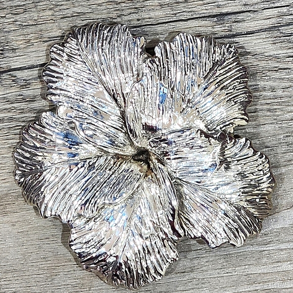Mid Century Hibiscus Sterling Silver Brooch Huge! 3 1/2 inches 47 grams - Picture 1 of 4